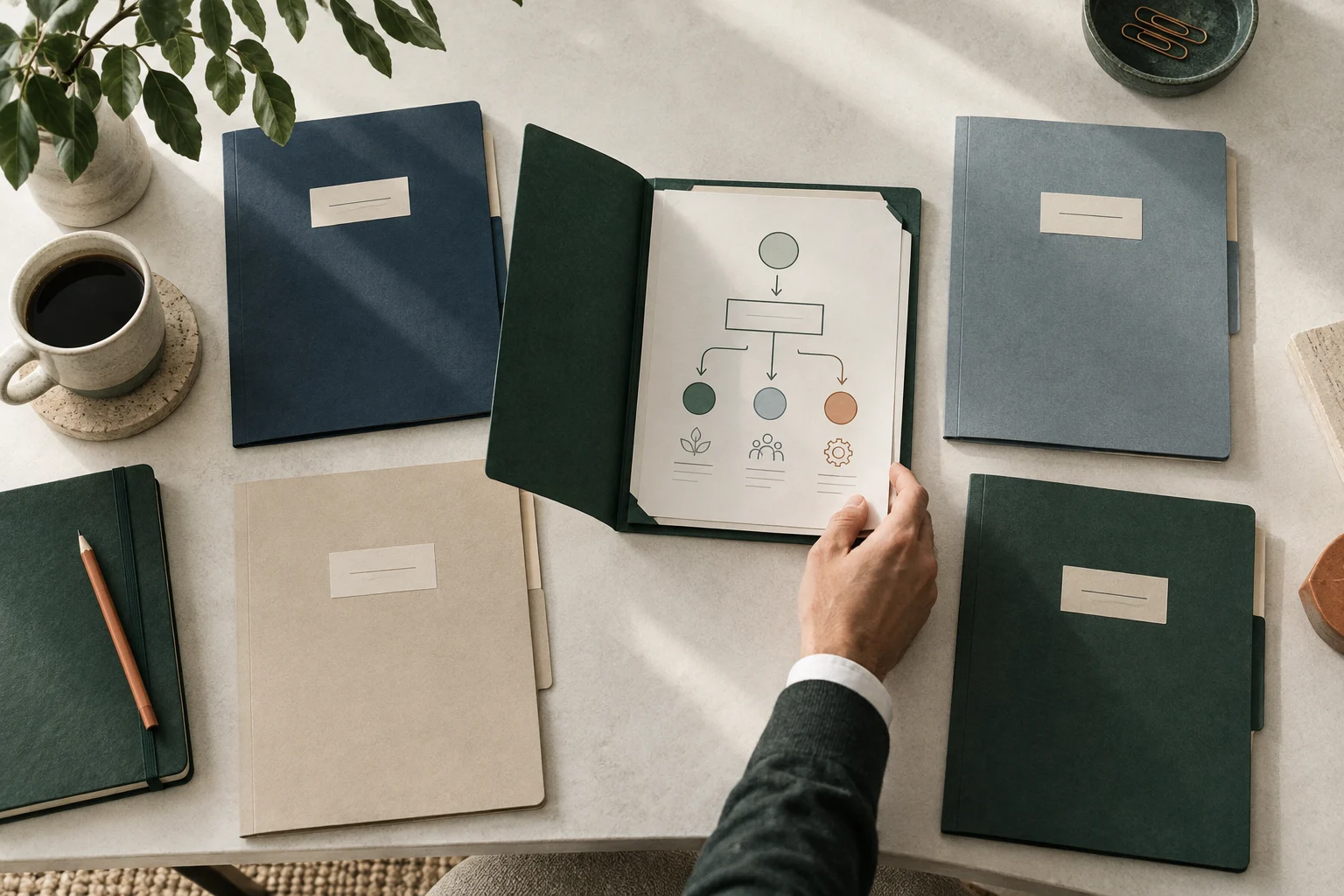 A hand selects a project folder from several options on a desk.