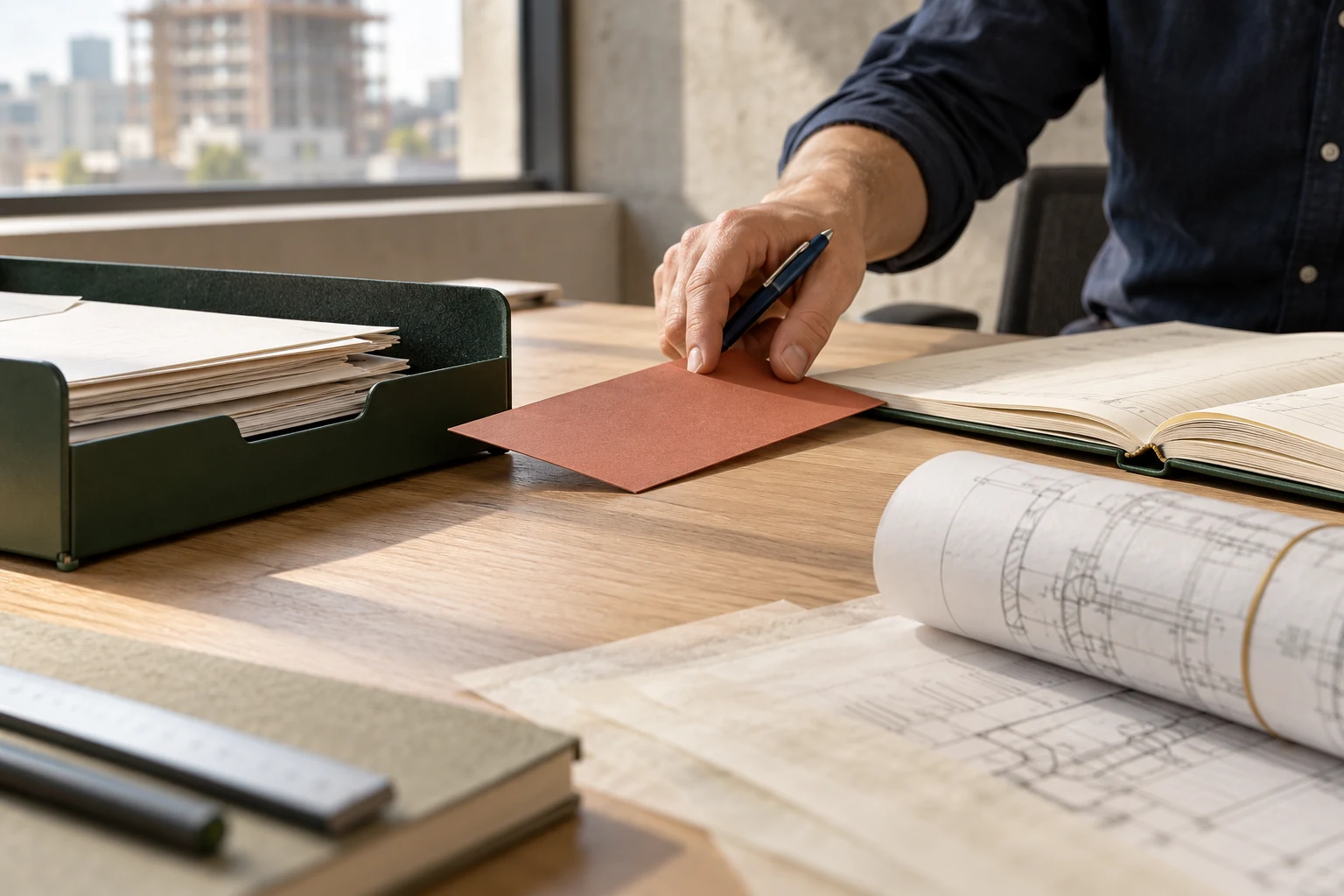 A hand moves a terracotta change card from a green inbox tray toward an open engineering decision ledger.