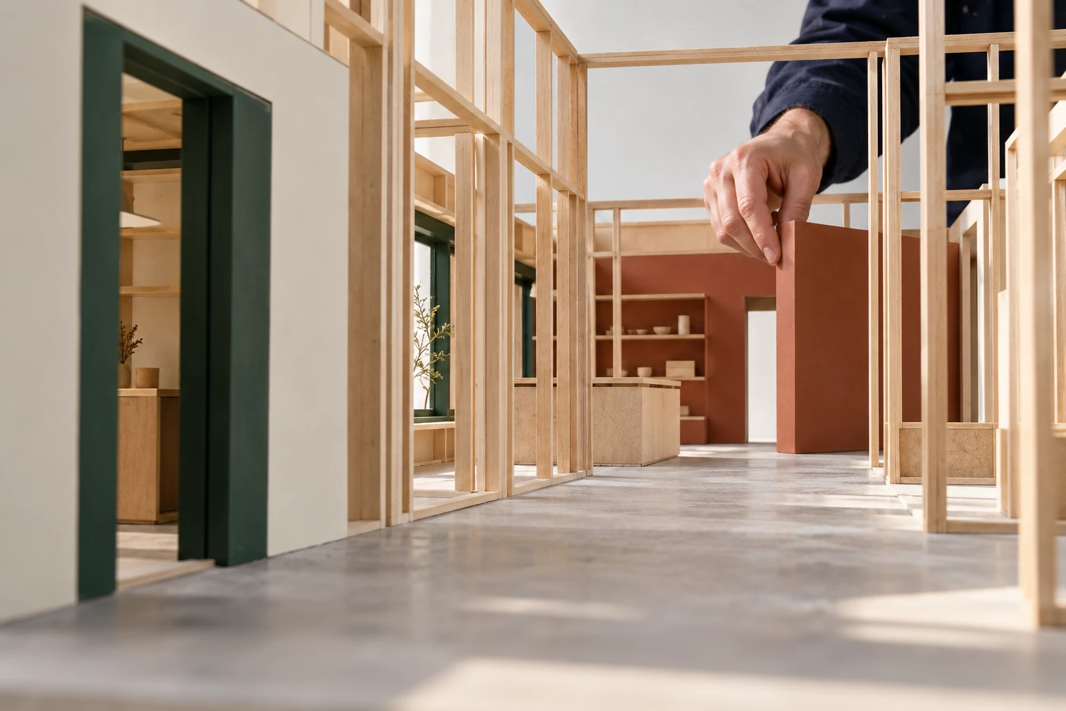A hand places a terracotta partition inside a timber building model, seen through unfinished framing beside a green doorway.