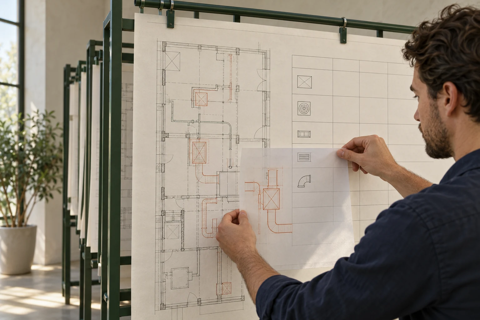 An engineer holds a translucent drawing overlay against a hanging plan and equipment schedule on a green rack.