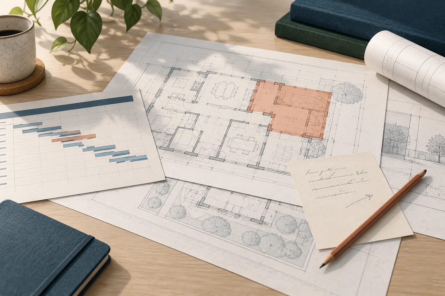 Illustrated architectural plans with one changed area marked in terracotta beside a project schedule and note.
