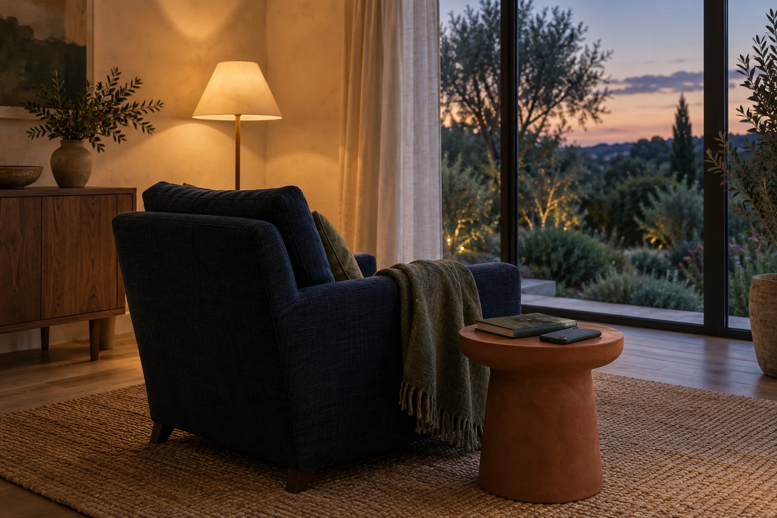 An empty navy armchair beside a terracotta table with a closed notebook and face-down phone, facing a garden at dusk.