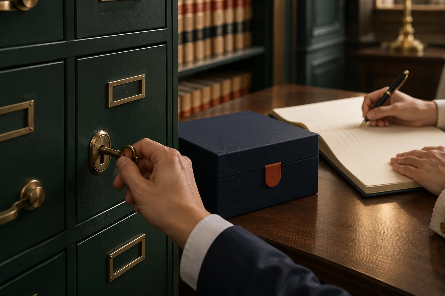 One person unlocks a green records cabinet while another logs the change beside a sealed configuration box.