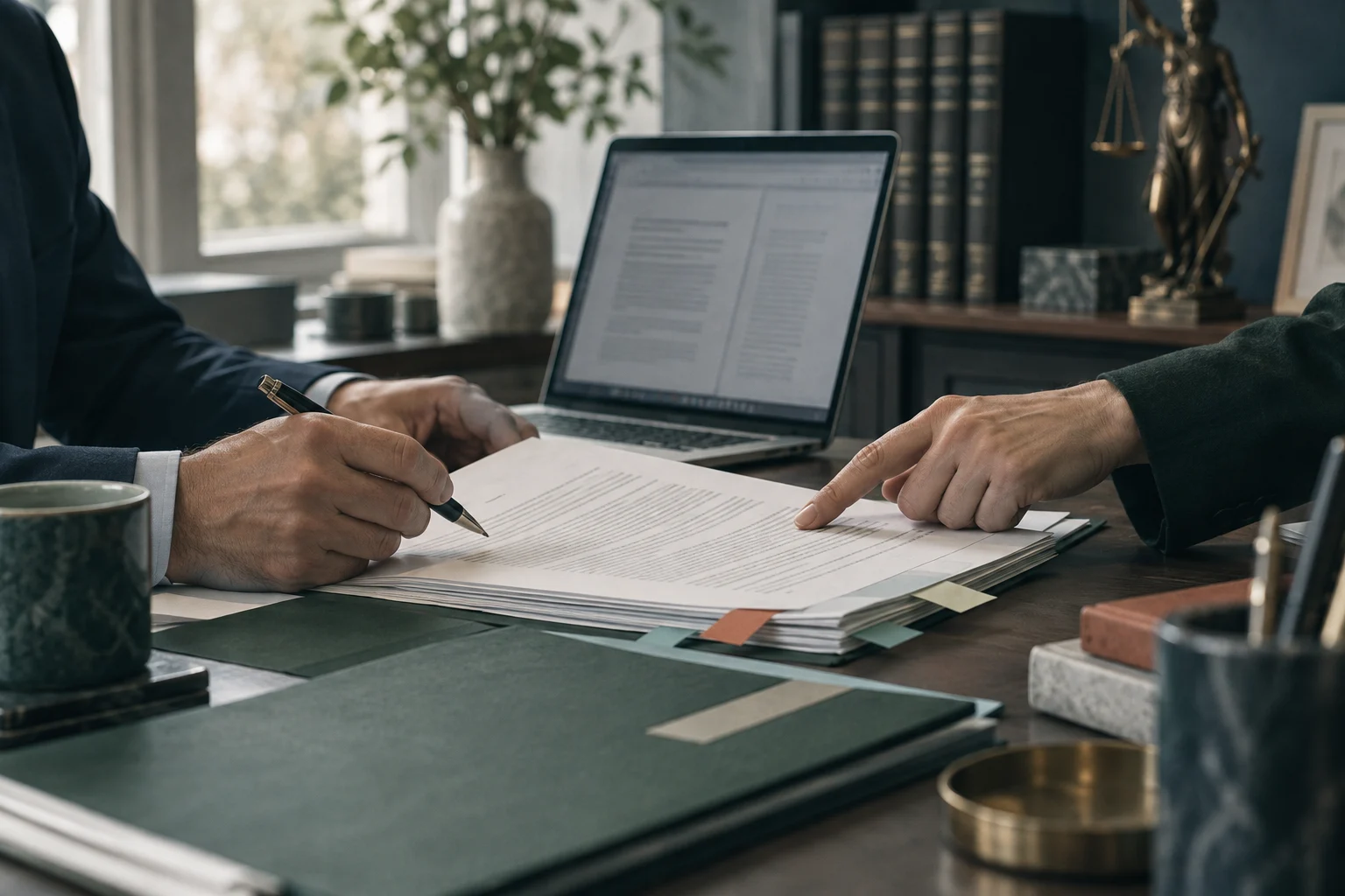 Two colleagues review a contract beside a laptop in a law office.