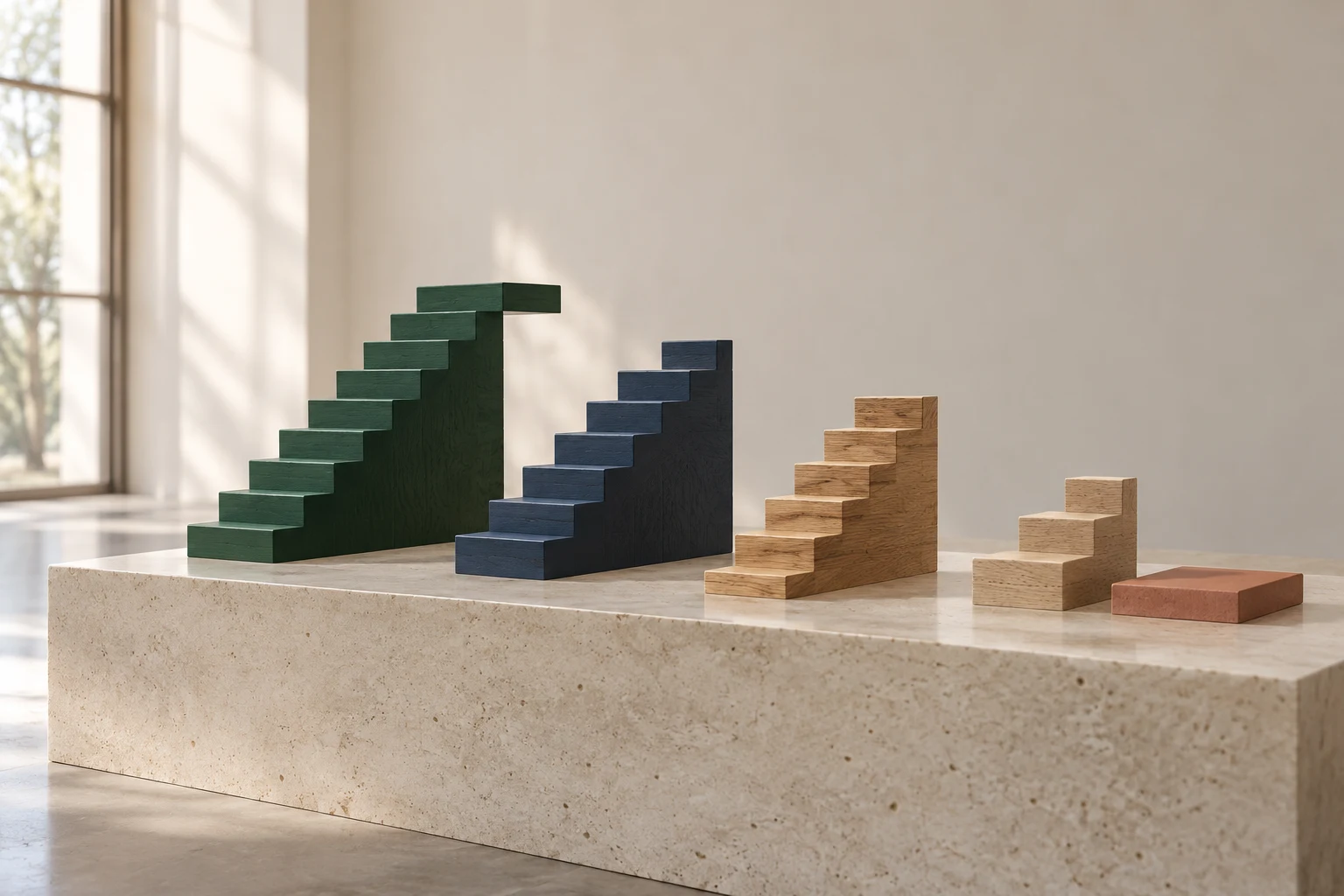 Four wooden model staircases of different heights stand on a stone plinth, with a separate terracotta piece beside them.