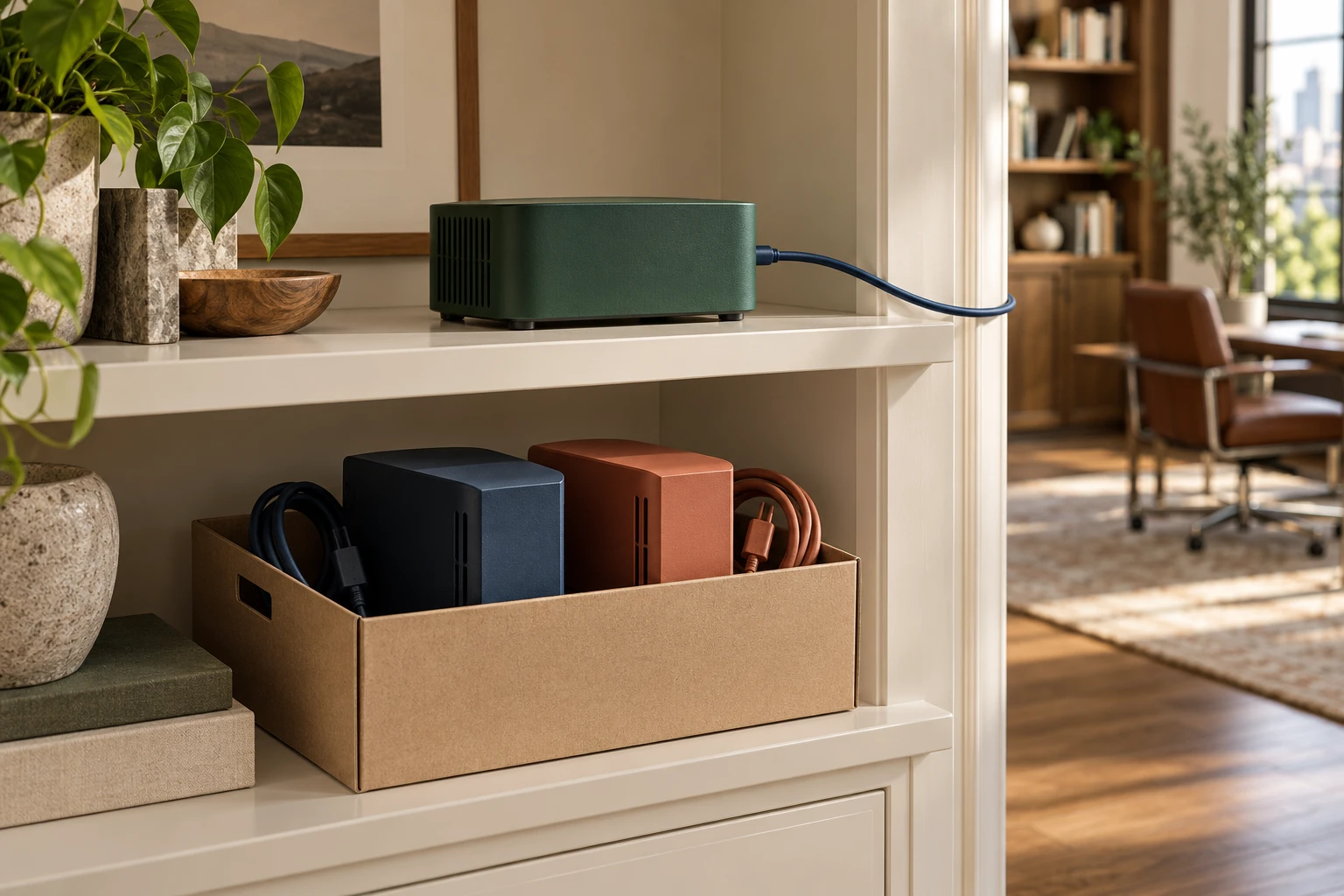 A green device remains connected on a shelf above two devices packed in a box with coiled cables.