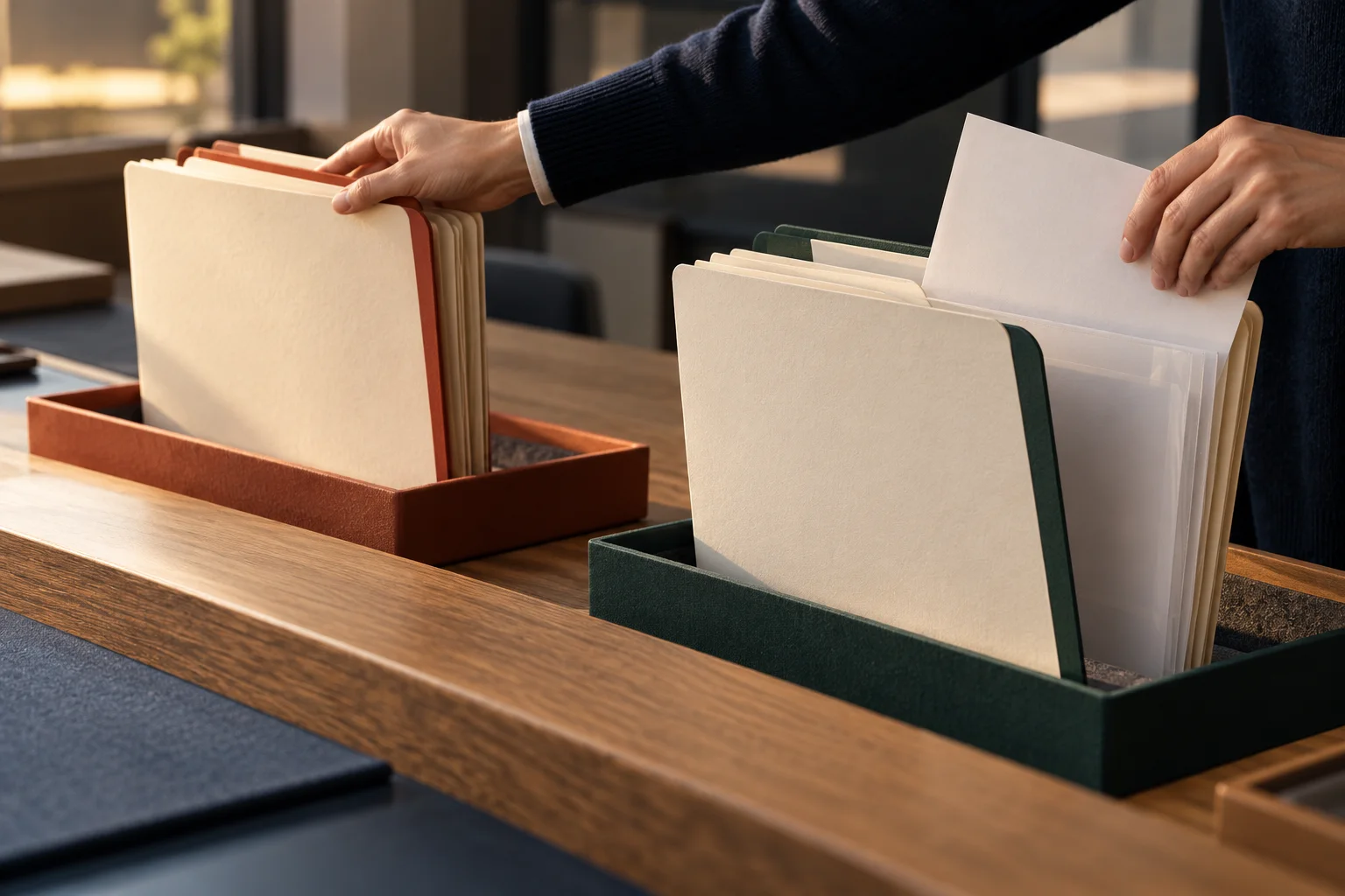 Hands sort one submission as poor fit and add a missing page to another submission awaiting information.