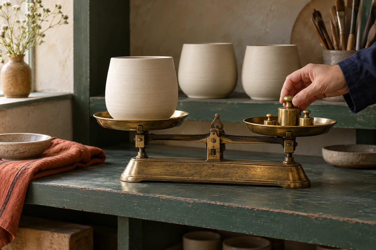 A hand adjusts brass weights on a balance beside a cream ceramic vessel, with two matching vessels on a green shelf behind.