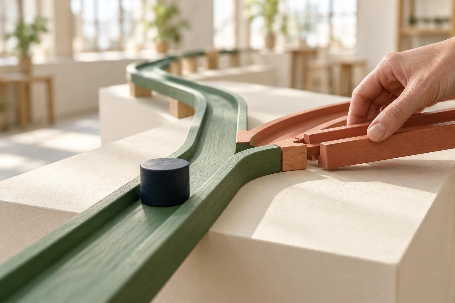 A hand aligns a terracotta branch with a green wooden track while a navy cylinder rests on the existing route.