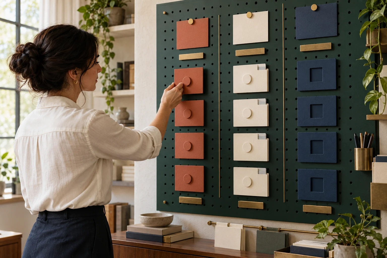 A tax professional places a terracotta test tile on a standing board beside cream and navy review states.